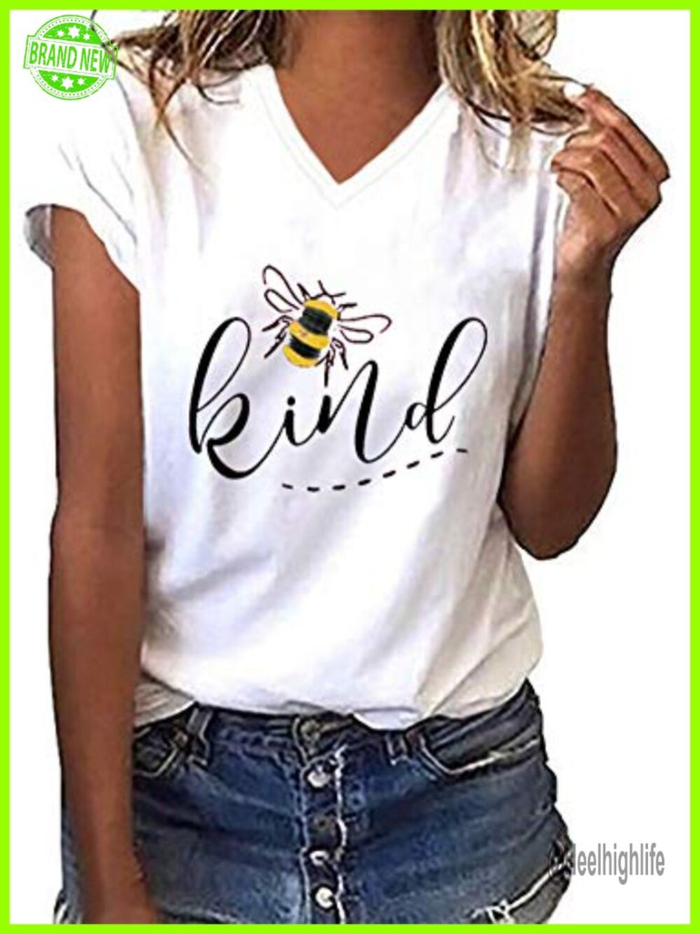 V-Neck Be Kind Graphic Tee Cuffed Sleeve Summer Tunic Top